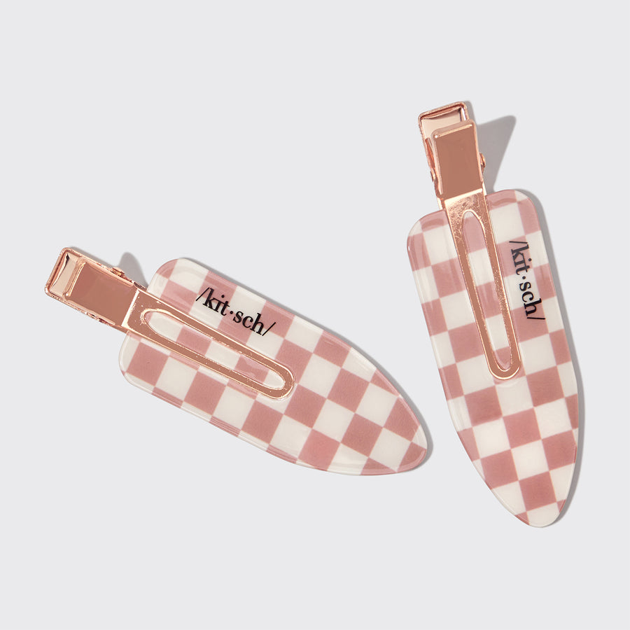 Two XL terracotta checker creaseless hair clips displayed on a gray background.