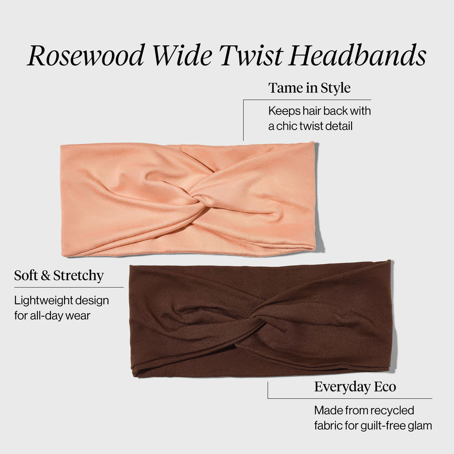 KITSCH Rosewood Wide Twist Headbands 2pc Set — product infographic highlighting key features — elevated twist detail, keeps hair and flyways in place