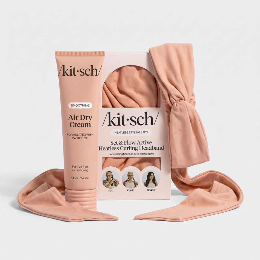 Terracotta Kitsch Set & Flow Active Heatless Curling Headband with packaging and Air Dry Cream.