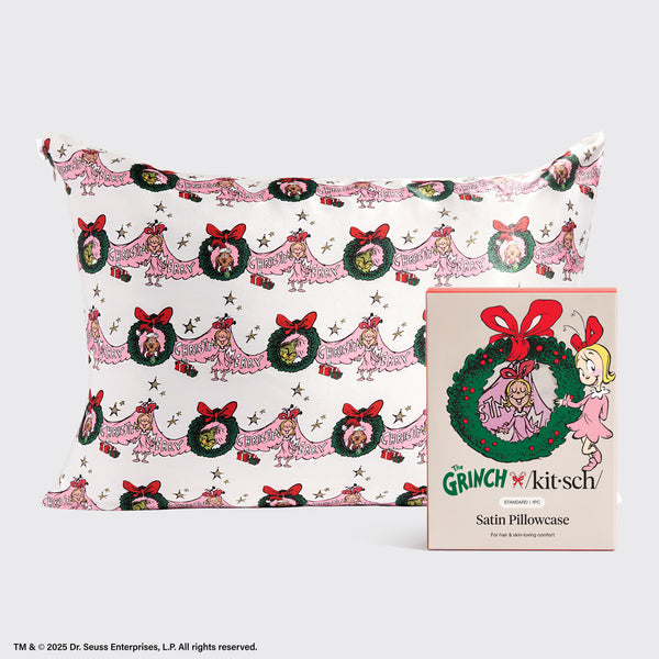 The Grinch x Kitsch Cindy Lou Who Satin Pillowcase with packaging on a light gray background