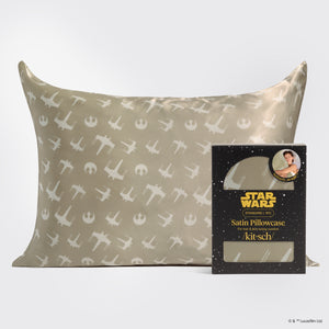 Star Wars x Kitsch Rebel Alliance Satin Pillowcase — Star Wars satin pillowcase featuring an all-over white Rebel Alliance and Imperial symbol print, shown with branded packaging.