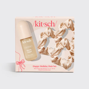 KITSCH Happy Holiday Hair Set — holiday gift packaging shot — includes Warm Sugar Hair Perfume and 3 satin sleep scrunchies — limited-edition holiday gift set
