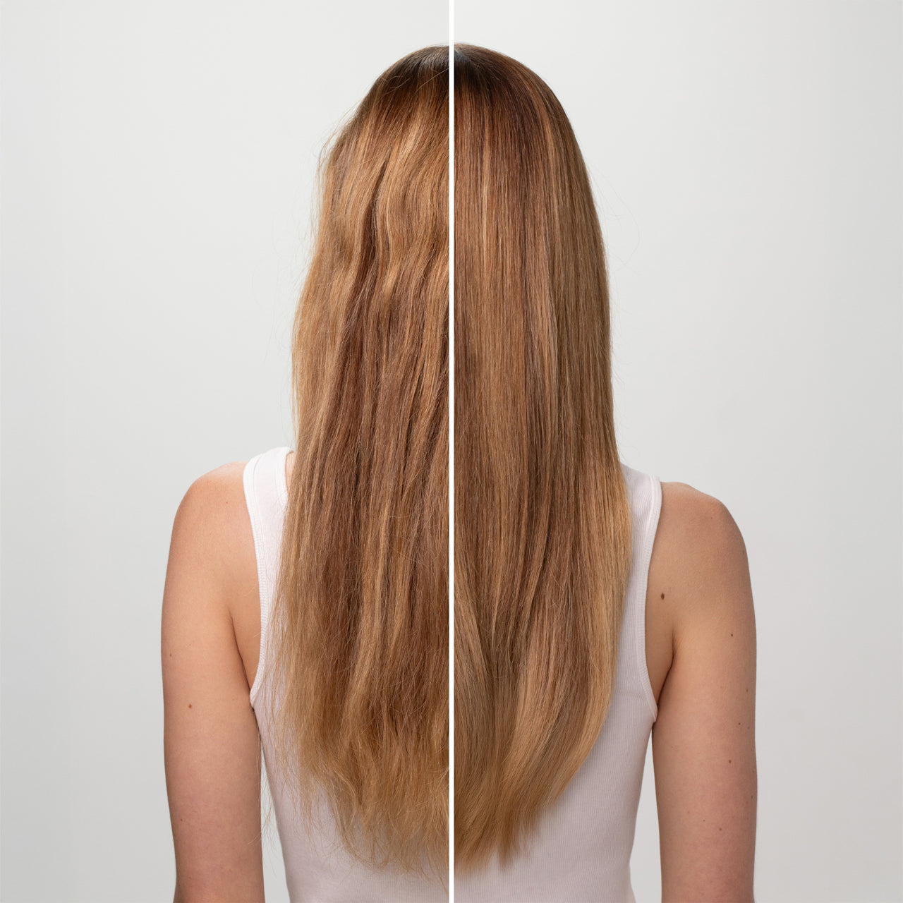 Side-by-side comparison of a person with long, straight hair on a plain background