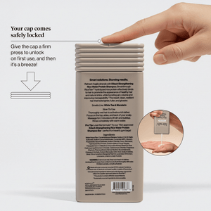 Shampoo bar packaging with a hand demonstrating how to unlock the cap.