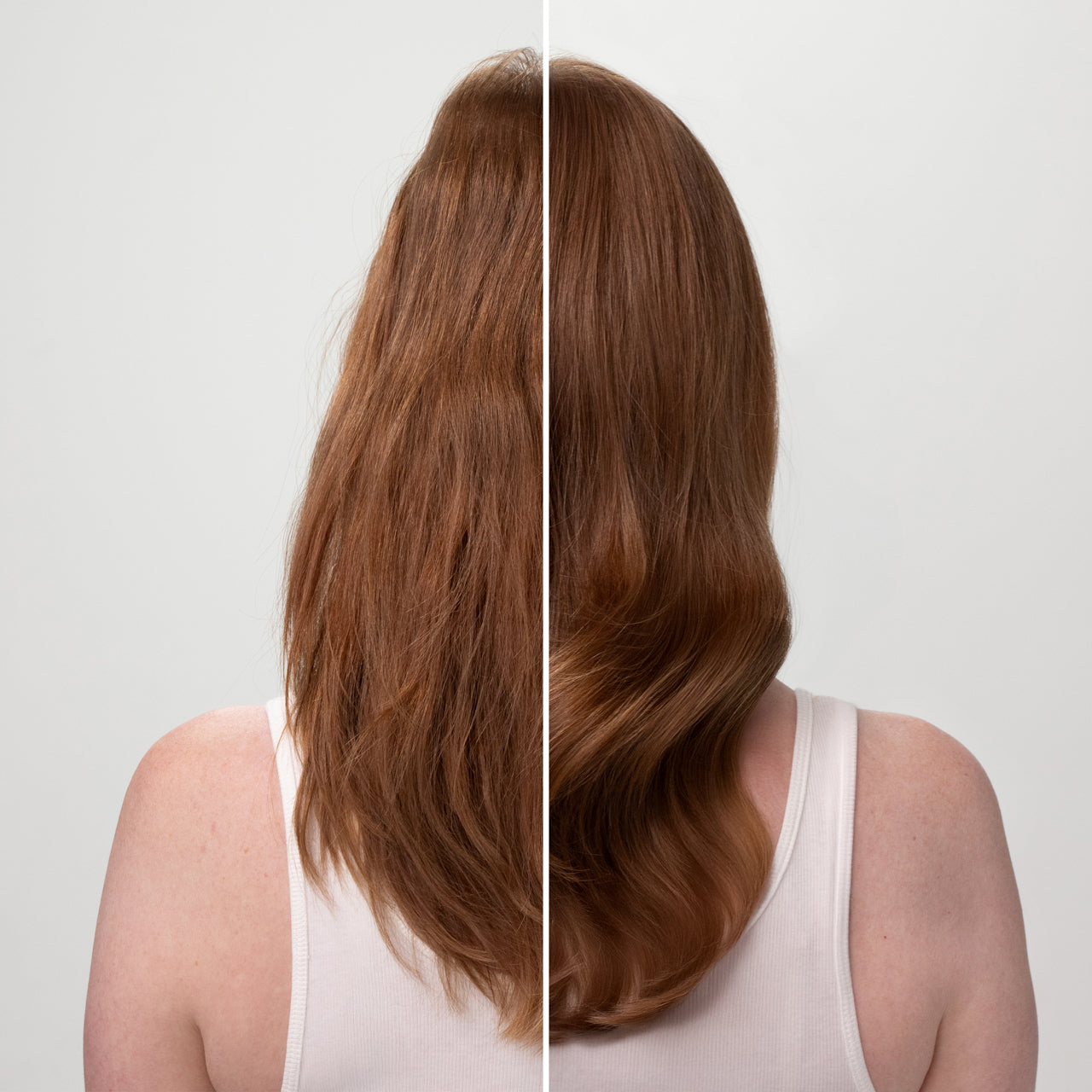 Side-by-side comparison of a person with long, wavy brown hair on a plain background