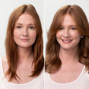 Before and after comparison of a woman with red hair, wearing a white top on a plain background.