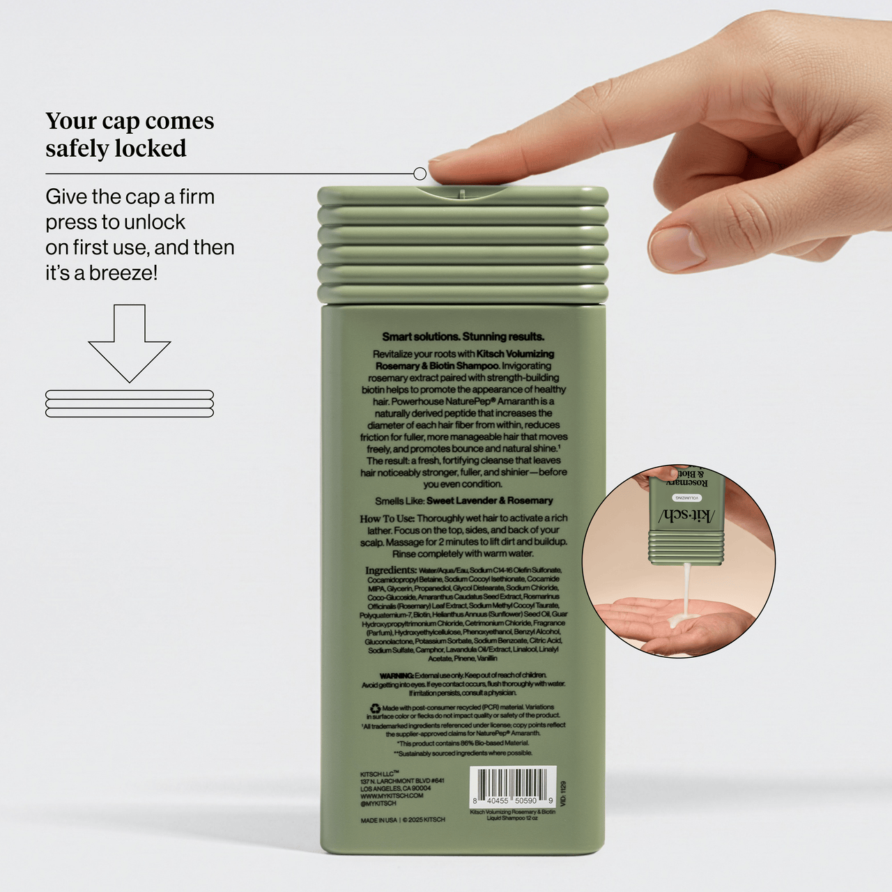 The back label of the Kitsch Volumizing Shampoo bottle, which includes a full ingredients list and usage directions. It notes the product contains 86% Bio-based material and uses Sustainably sourced ingredients. A graphic at the top explains the "safely locked" cap, instructing users to give it a firm press to unlock it for the first use. A small circular inset shows the shampoo being dispensed into a hand.