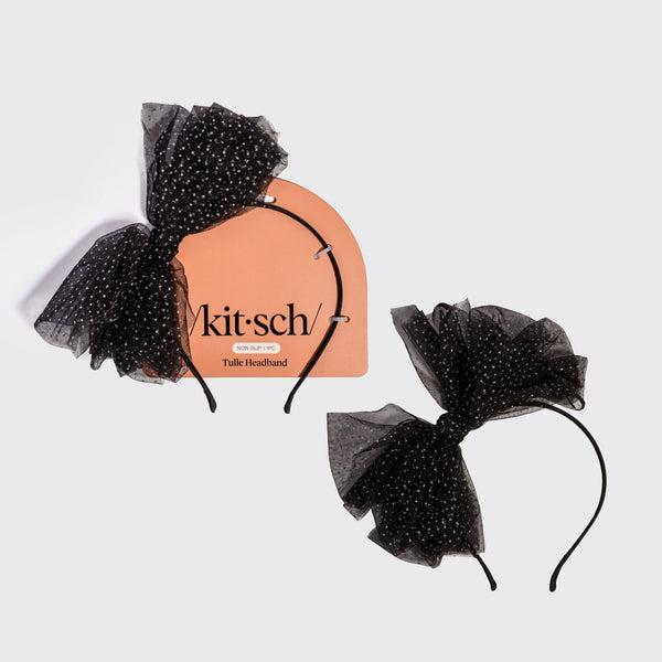 KITSCH Black Glitter Tulle Headband — packaging shot of the black glitter tulle bow headband — non-slip band, festive glitter tulle for Halloween and beyond