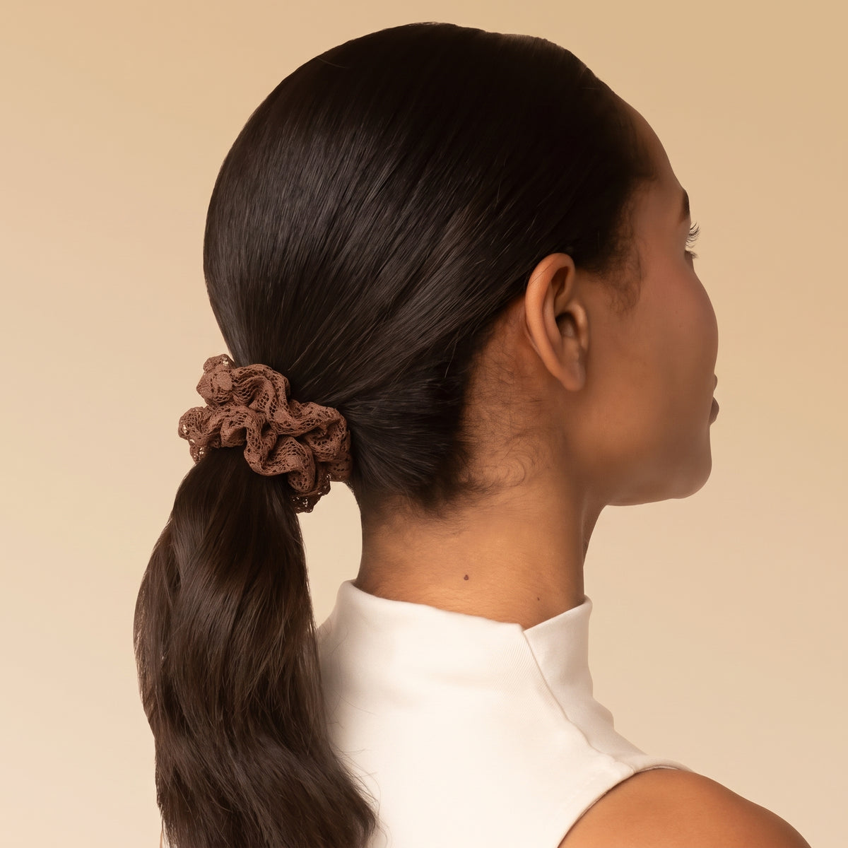 KITSCH Ruched Lace Scrunchies 5pc Set - Black, Chocolate & Mocha - on-model lifestyle