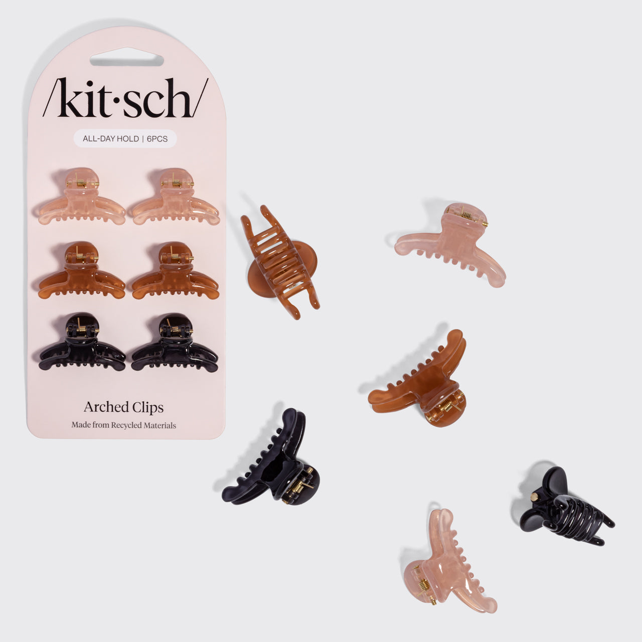 KITSCH Recycled Plastic Mini Arched Clips 6pc Set — hero product shot, Soft Pink, Mocha & Black — Made from Recycled Materials — all-day hold