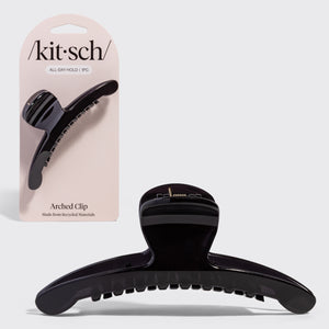 Kitsch translucent Black Arched Claw Clip - Large shown with pink Kitsch packaging and front view
