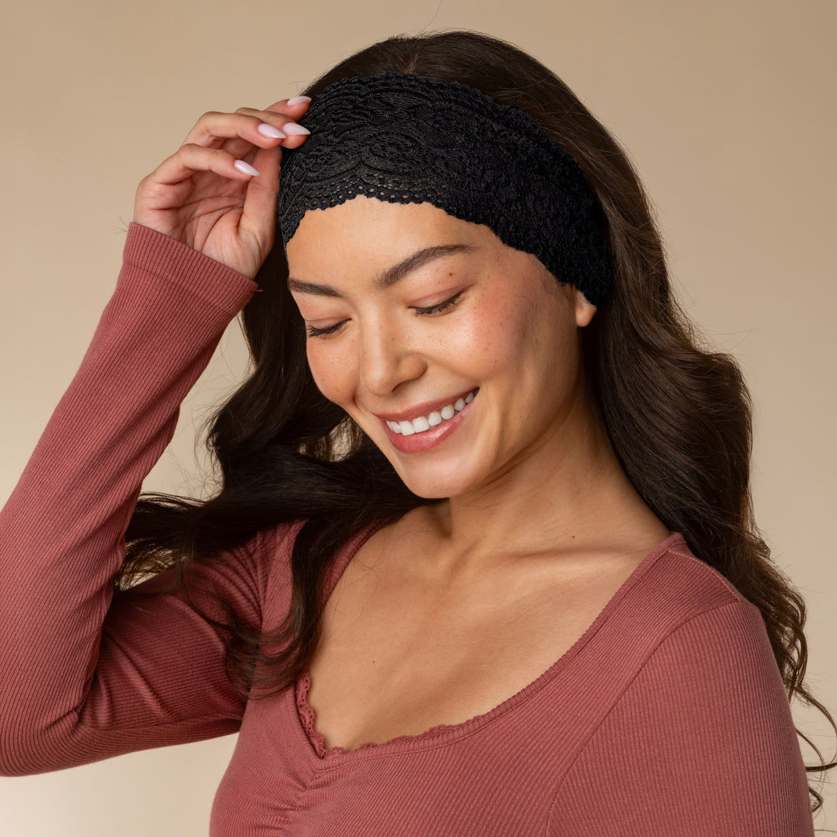 KITSCH Black Wide Lace Headbands 2pc Set — model looking down with the black lace headband holding her hair back — great for most hair types and textures — sweeping hair off the face