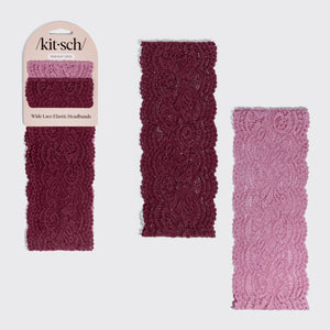 KITSCH Cherry Lacquer & Dusty Pink Wide Lace Headbands 2pc Set — both lace headbands shown with the packaging card — soft, stretchy lace keeps strands neatly in place whether you're dressing up or keeping it casual — everyday and evening styling