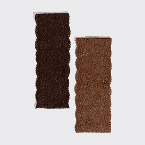 KITSCH Mocha & Chocolate Wide Lace Headbands 2pc Set — the mocha and chocolate lace headbands laid side by side — delicate texture adds a romantic yet modern touch to any style — choosing between the two shades