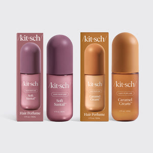 KITSCH Cozy Corner Duo: Soft Santal & Caramel Cream — hero product shot — two signature scents, one perfect pairing — refreshes hair between washes while doubling as an everyday fragrance for hair and body