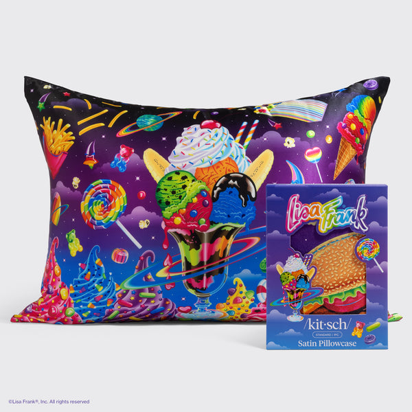 KITSCH Lisa Frank x Kitsch Satin Pillowcase in Saturn Sundae — satin pillowcase in a dark purple space print with an ice cream sundae, planets, candy, and burgers, shown with its Lisa Frank box — playful print, reduce breakouts, tame frizz and reduce breakage — queen/standard-size satin pillowcase for smoother hair and skin overnight