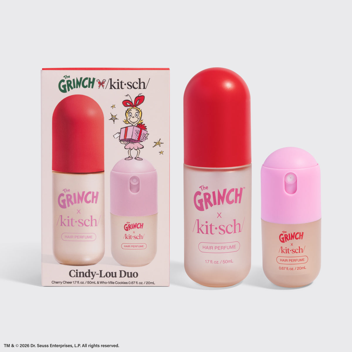 The Grinch x Kitsch Cindy-Lou Duo Set with Cherry Cheer 50mL and Whoville Cookies 20mL Hair Perfumes