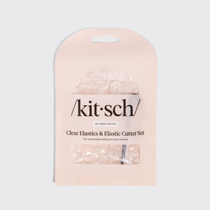 KITSCH No-Snag Elastics 200pcs & Recycled Plastic Elastic Cutter Set — product shown in the Kitsch Pro pouch packaging — 200 clear elastics plus a recycled plastic cutter — travel-friendly, refillable hair tie kit