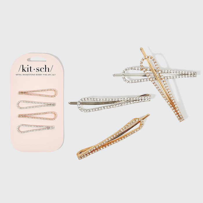Lot de 4 épingles à cheveux en métal avec strass pendants - Or et argent