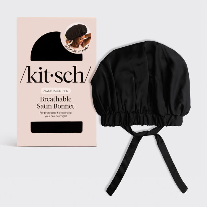 KITSCH Black XL Adjustable Satin Bonnet — hero product shot — high-quality adjustable satin, roomy XL fit — helps reduce friction, breakage & frizz overnight