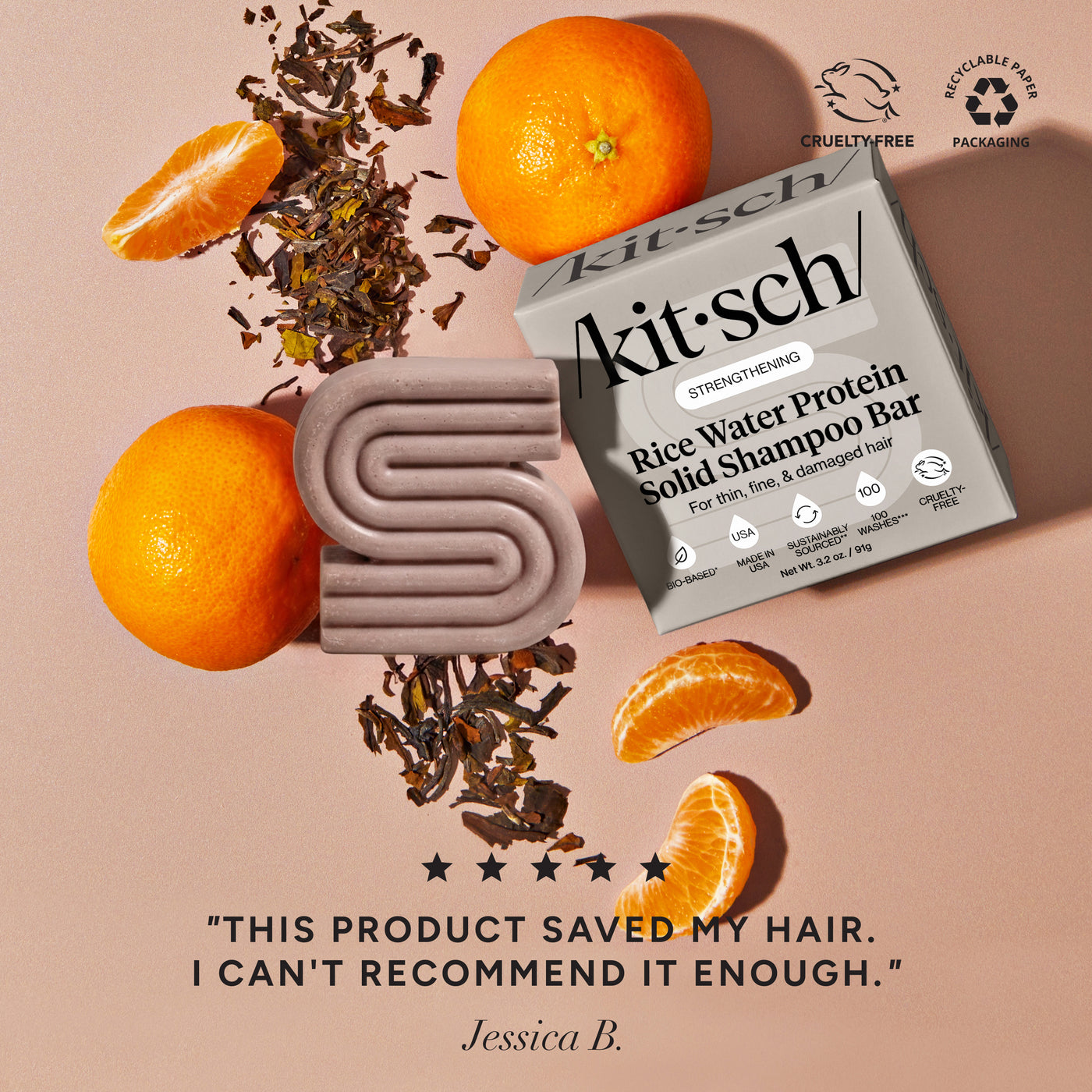 KITSCH Rice Water Shampoo & Conditioner Bar Combo for Hair Growth — shampoo bar 5-star customer review graphic — Rice Tein NPNF® has been shown to increase hair volume by 20% after 5 washes — free of parabens, phthalates, silicones, & sulfates