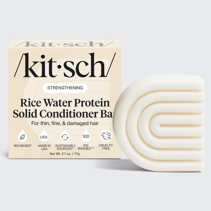 Kitsch Rice Water Protein Solid Conditioner Bar packaging and bar on a light gray background