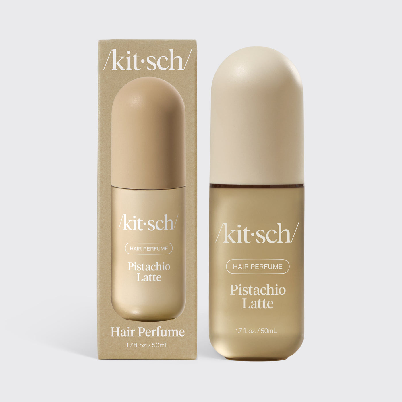 Kitsch Pistachio Latte Hair & Body Perfume Mist bottle on a warm neutral background