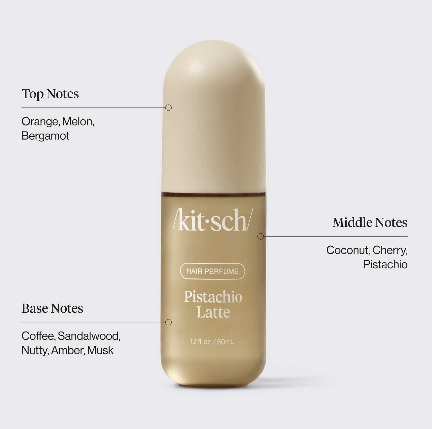 Kitsch Pistachio Latte Hair Perfume scent notes infographic — top, middle, and base notes