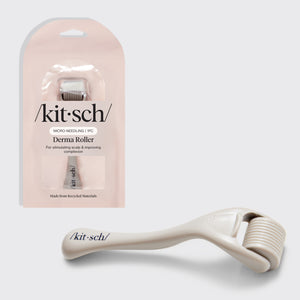 KITSCH Warm Gray Micro Derma Roller — hero product shot — Increases absorption of oils, serums, and moisturizers — shown unpackaged beside its retail packaging for at-home use