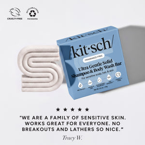 kitsch ultra gentle solid shampoo & body wash bar with packaging on a light gray background with a 5-star customer review at the bottom that reads "We are a family of sensitive skin. Works great for everyone. No breakouts and lathers so nice"