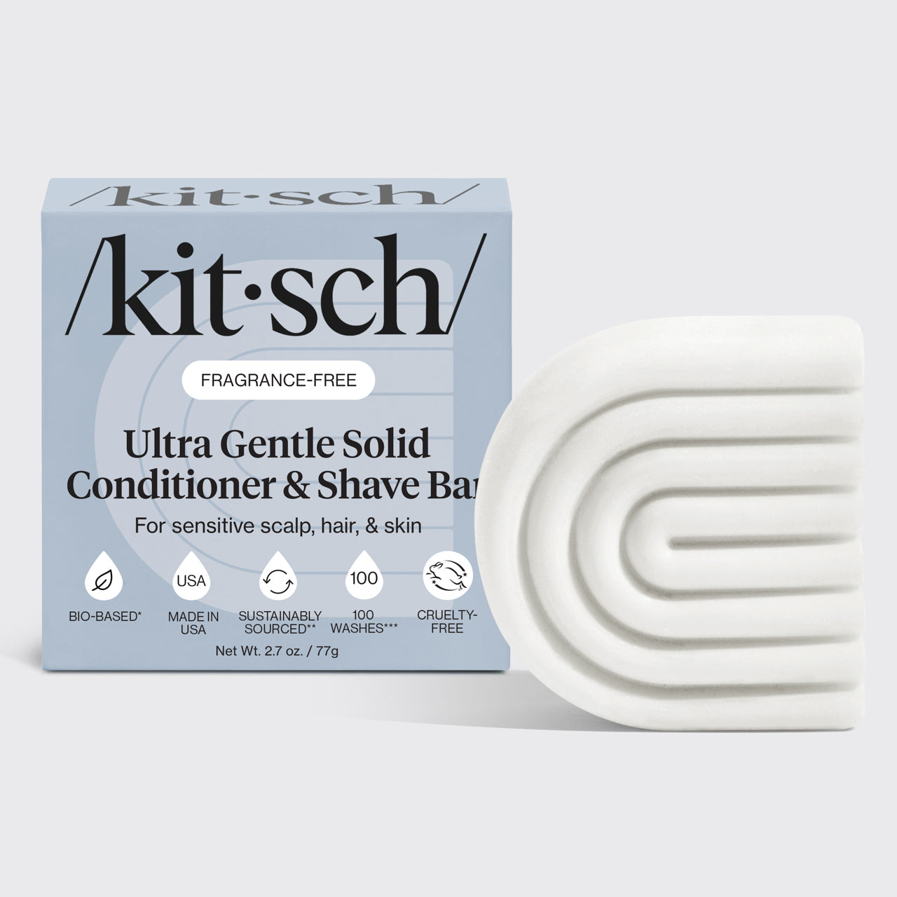 Kitsch ultra gentle solid conditioner & shave bar with packaging on a white background
