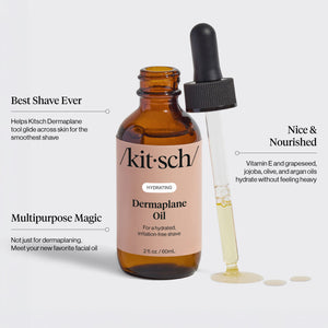 KITSCH Hydrating Dermaplane Oil — ingredient close-up — formulated with grapeseed, jojoba, argan, and olive oils — nourishing pre-shave oil for face