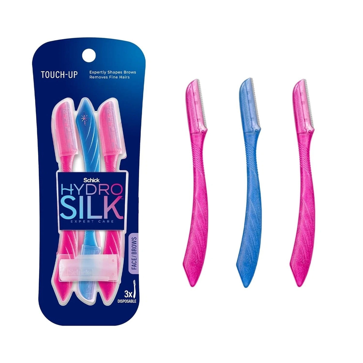 Schick Hydro Silk Touch-Up Dermaplane Razor for Women Face, 3 ct | 3-in-1 dermaplaning tool, Removes peach fuzz, Exfoliating face razors for women, Includes precision cover to shape brows.