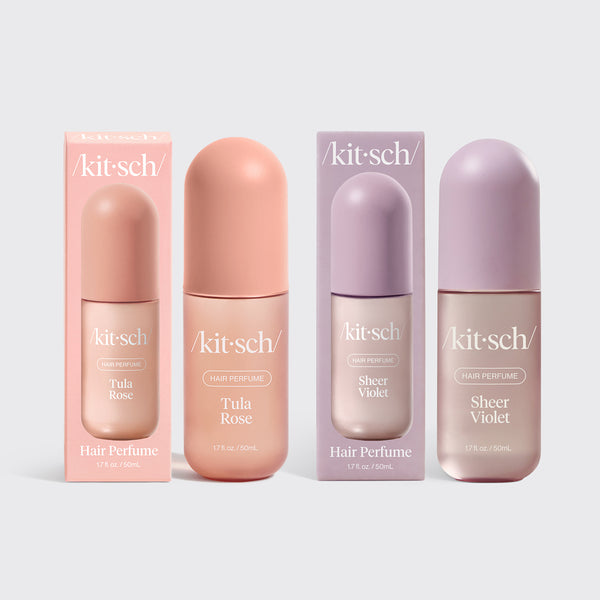 Kitsch Pretty in Bloom Duo – Tula Rose and Sheer Violet hair perfumes paired on a soft floral background