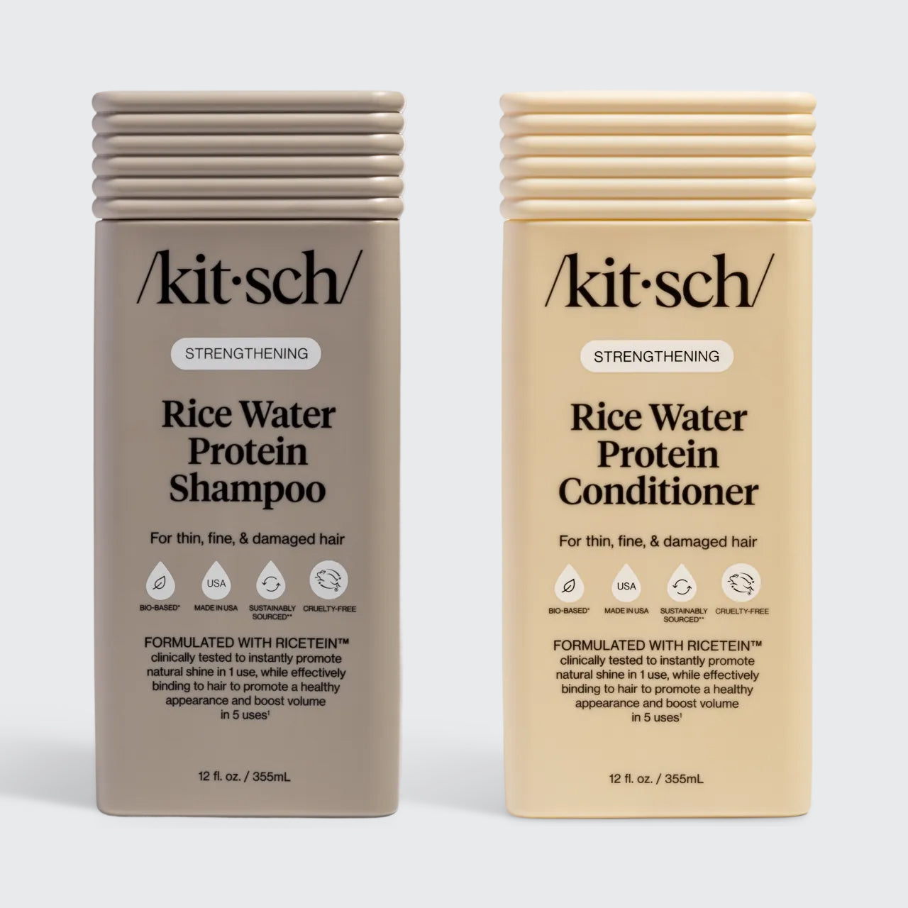 Two bottles of Kitsch Rice Water Protein Shampoo and Conditioner on a white background