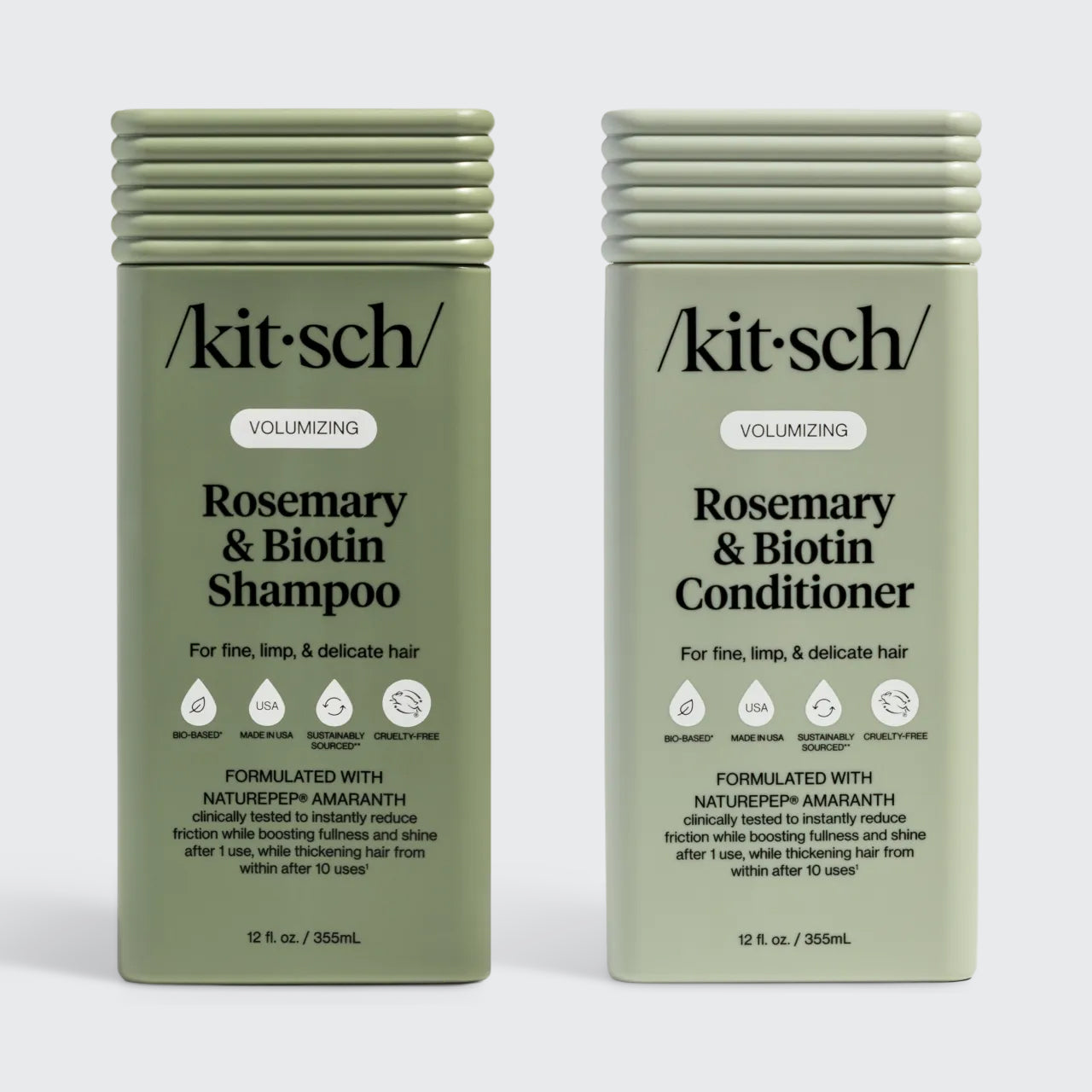 Two sage-green rectangular bottles of Kitsch Volumizing Rosemary & Biotin Shampoo and Conditioner for fine, limp, and delicate hair. The labels highlight the use of NaturePep Amaranth, noting it is clinically tested to reduce friction and boost fullness. The bottles feature icons for bio-based, made in USA, sustainably sourced, and cruelty-free.