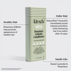 An infographic for the Kitsch Volumizing Rosemary & Biotin Conditioner highlighting its core features for fine hair. It specifies that Rosemary and Biotin support a healthy hair appearance, while NaturePep Amaranth provides instant fullness and long-term thickening from within after 10 uses. The scent is noted as Sweet Lavender and Rosemary.