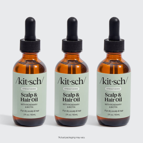 KITSCH Strengthening Rosemary & Biotin Scalp & Hair Oil 3-Pack — hero product shot — three 2fl oz./60mL bottles — 100% plant-based oil with rosemary extract and biotin — stock up and save