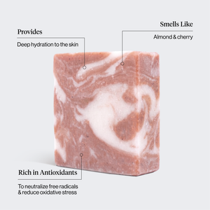 Kitsch Shea Butter Exfoliating Body Wash Bar benefits diagram showing pink and white marbled soap bar with deep hydration, almond and cherry scent, and antioxidants to neutralize free radicals - bio-based solid body wash bar with shea butter and plant-derived exfoliants. Vegan, cruelty-free, made in USA, Leaping Bunny Certified.