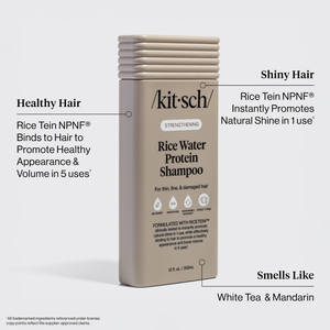 Kitsch Rice Water Protein Shampoo bottle with text highlighting benefits on a white background