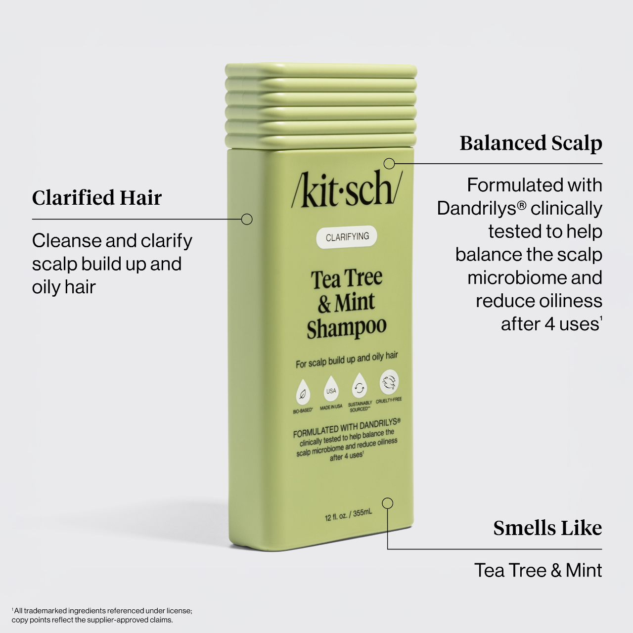 Kitsch Tea Tree & Mint Shampoo packaging with features highlighted on a white background